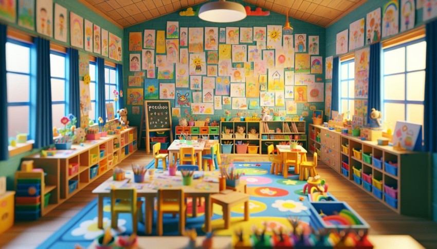 Capture a preschool classroom decorated with children's artwork 5