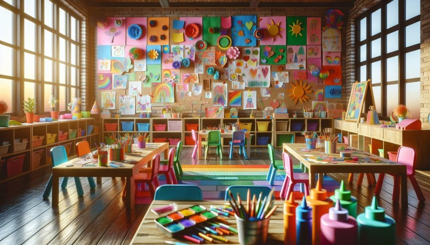 Capture a preschool classroom decorated with children's artwork 4