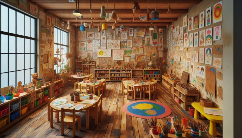 Capture a preschool classroom decorated with children's artwork 3