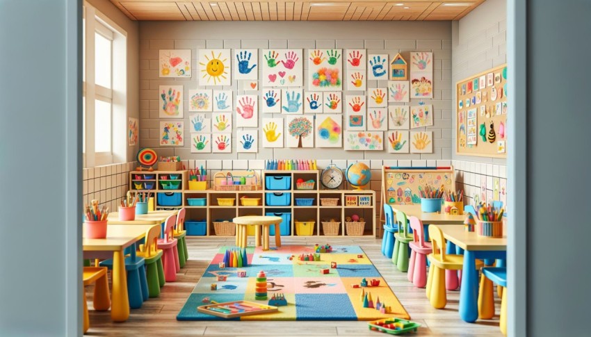 Capture a preschool classroom decorated with children's artwork 1