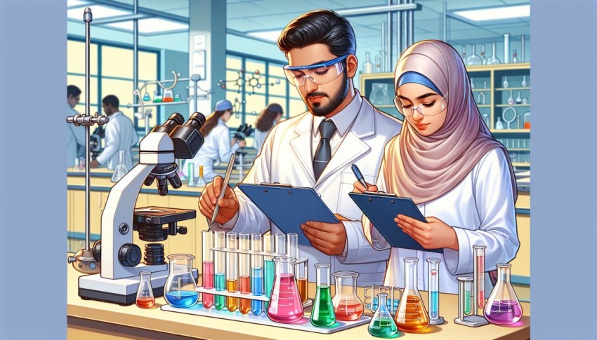 Take a photo of a chemistry experiment being conducted in a lab 9