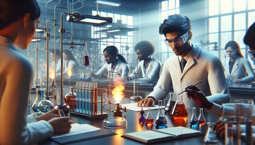 Take a photo of a chemistry experiment being conducted in a lab 6