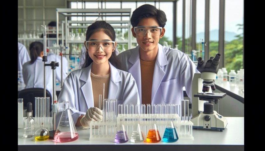 Take a photo of a chemistry experiment being conducted in a lab 3