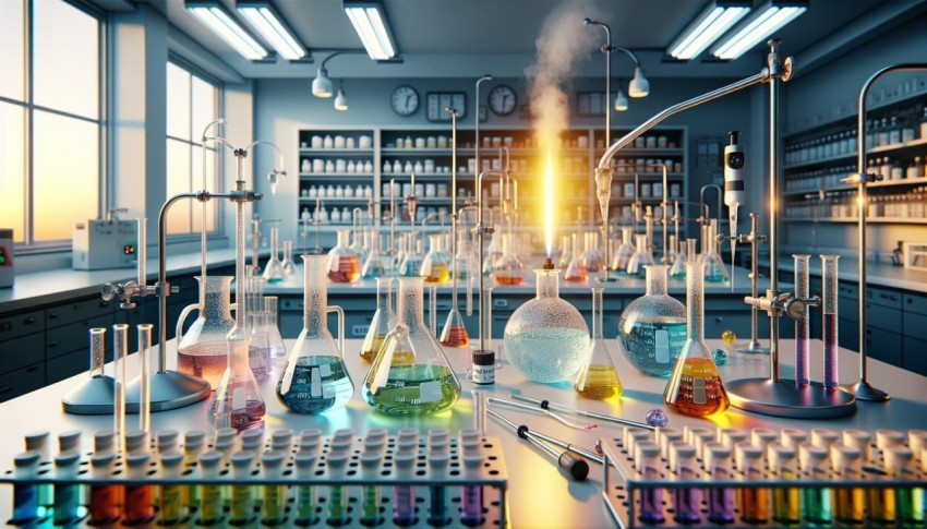 Take a photo of a chemistry experiment being conducted in a lab 1