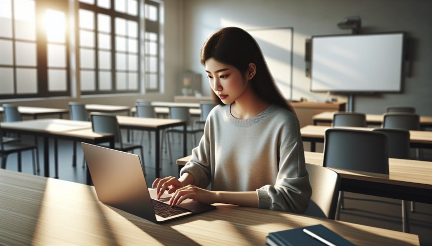 Document a student typing on a laptop in a modern classroom 9