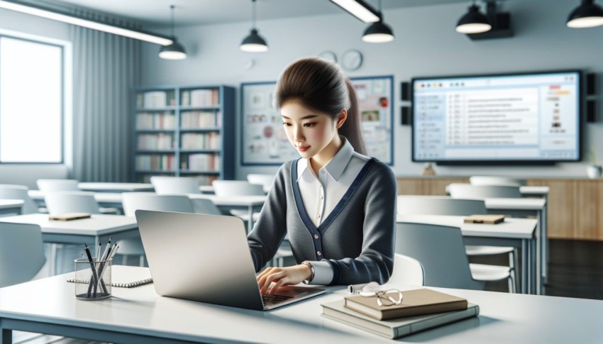 Document a student typing on a laptop in a modern classroom 8