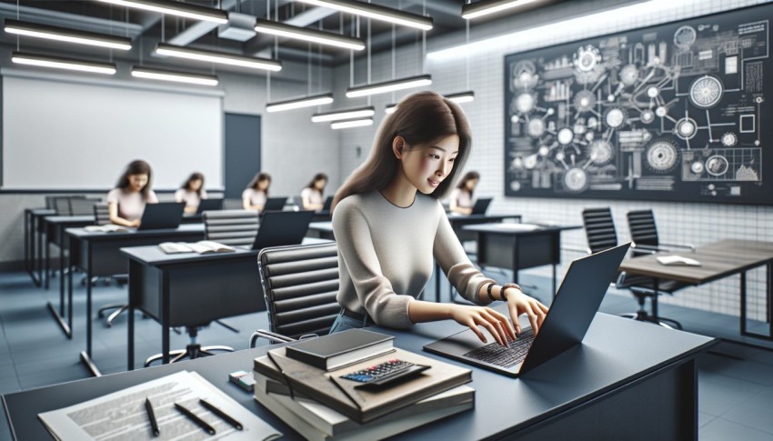 Document a student typing on a laptop in a modern classroom 7