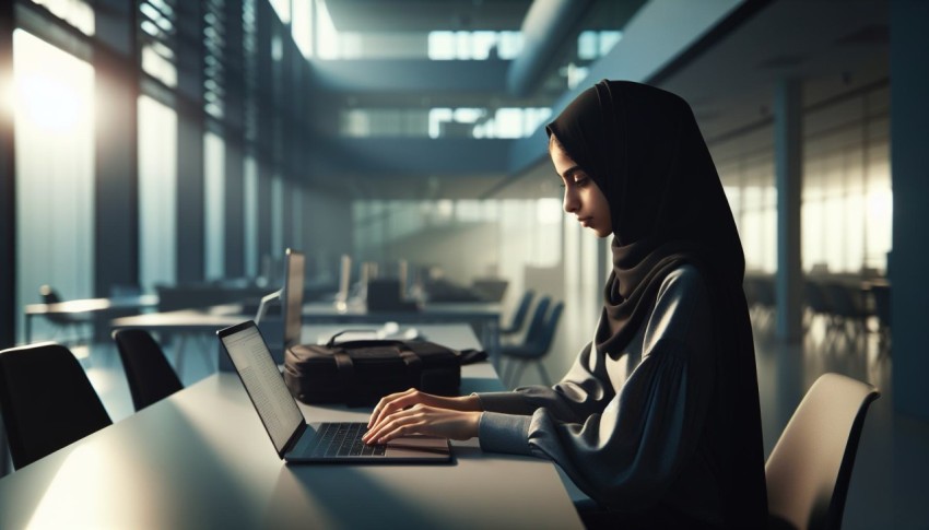 Document a student typing on a laptop in a modern classroom 6