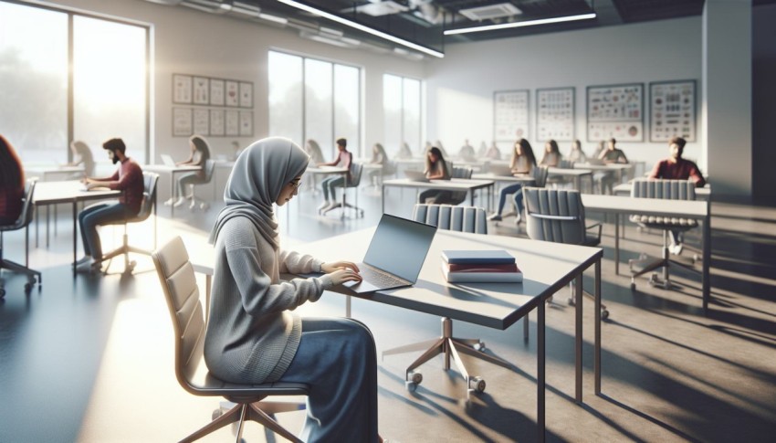 Document a student typing on a laptop in a modern classroom 4