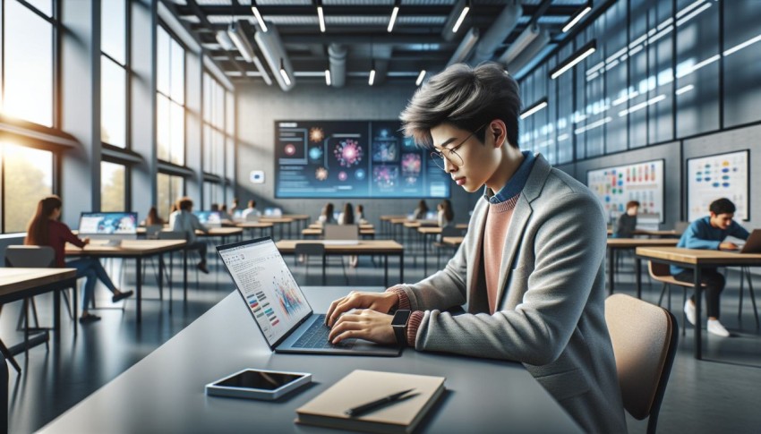 Document a student typing on a laptop in a modern classroom 2