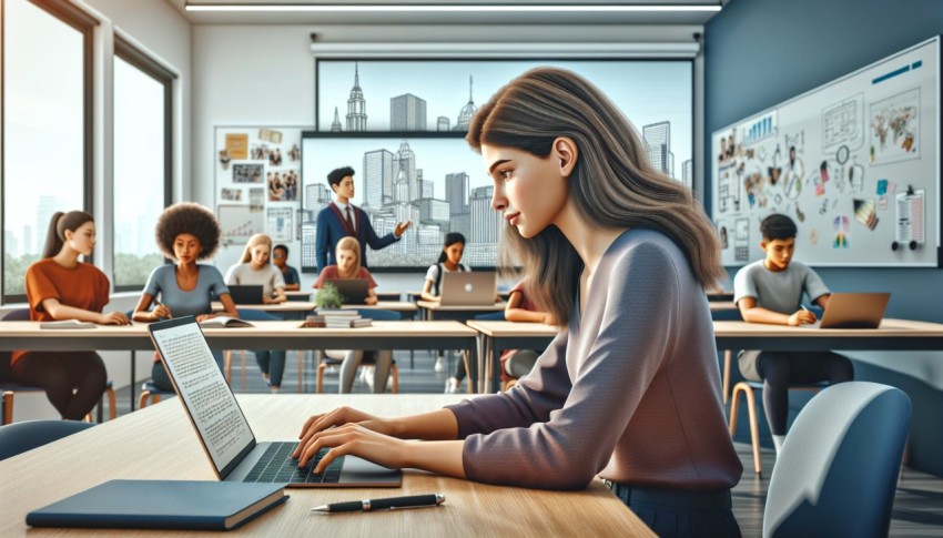 Document a student typing on a laptop in a modern classroom 1