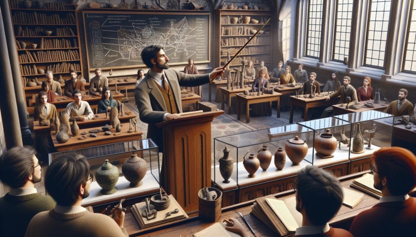 Photograph a history professor lecturing in front of historical artifacts 8