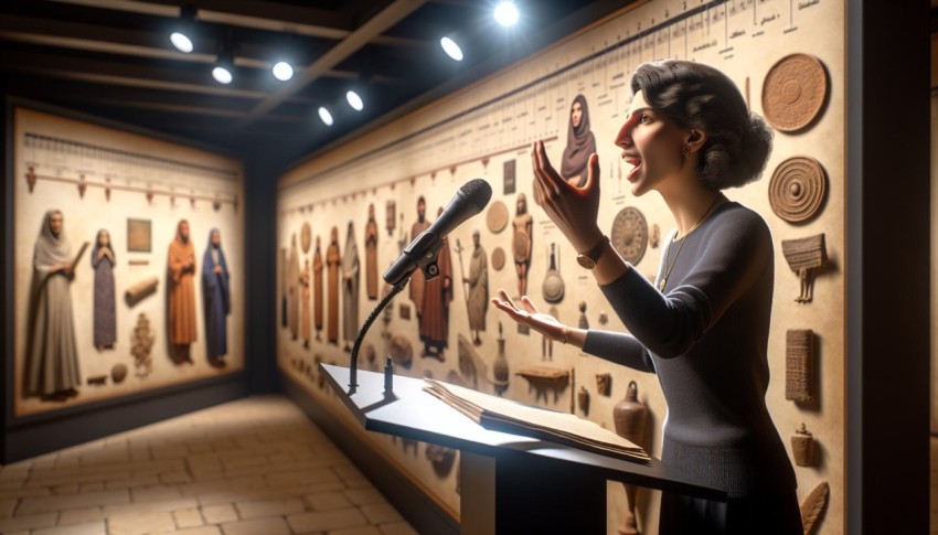 Photograph a history professor lecturing in front of historical artifacts 4