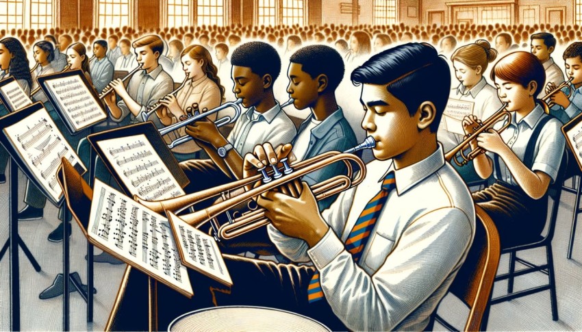 Capture a student playing a musical instrument in a school band 7