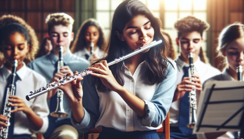 Capture a student playing a musical instrument in a school band 6