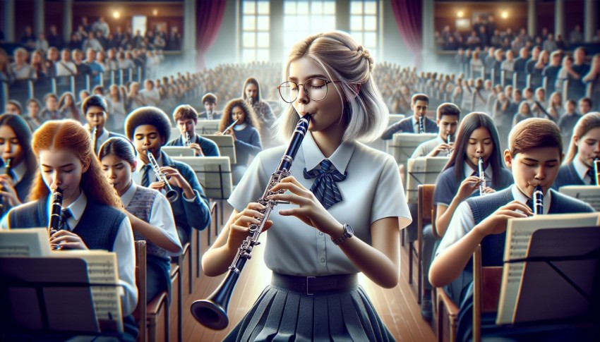 Capture a student playing a musical instrument in a school band 5