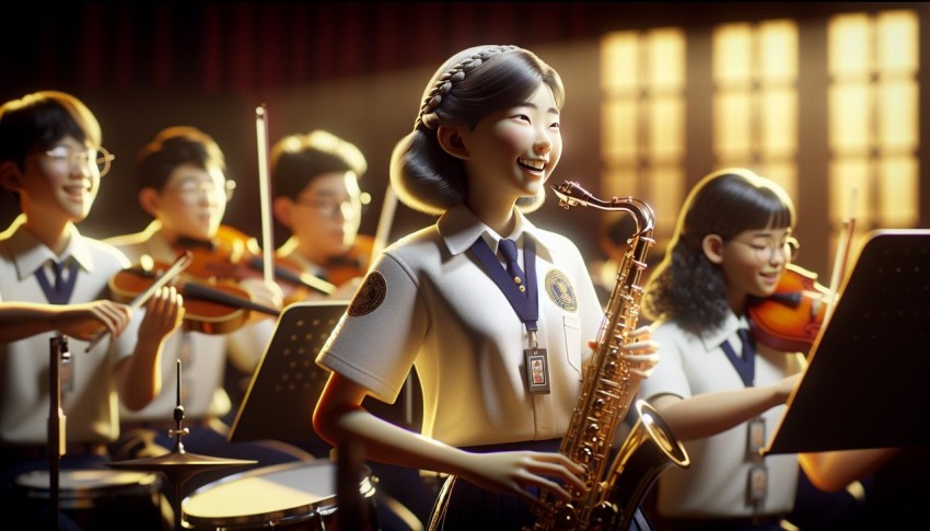 Capture a student playing a musical instrument in a school band 4