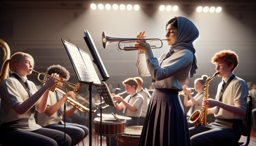 Capture a student playing a musical instrument in a school band 3