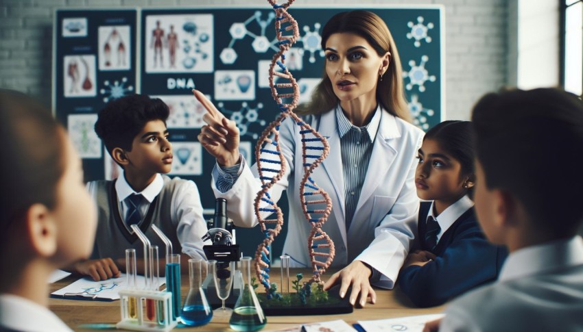 Take a picture of a biology teacher explaining a model of human DNA 10