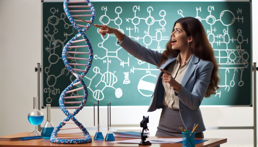 Take a picture of a biology teacher explaining a model of human DNA 9