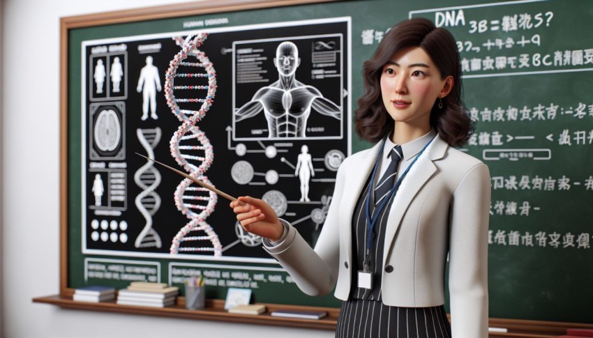 Take a picture of a biology teacher explaining a model of human DNA 6