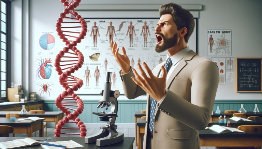 Take a picture of a biology teacher explaining a model of human DNA 4