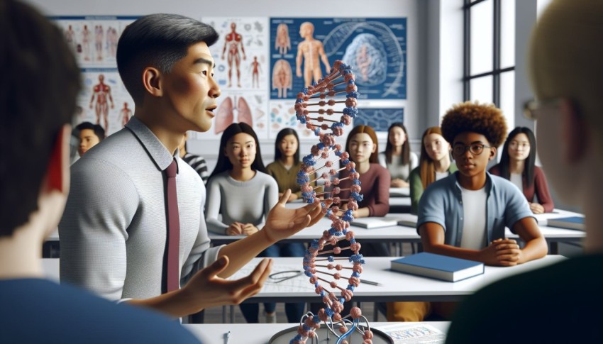 Take a picture of a biology teacher explaining a model of human DNA 3