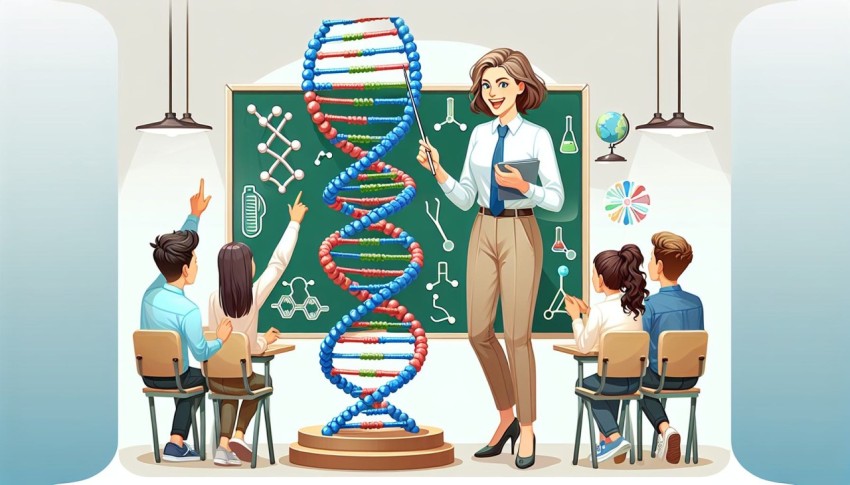 Take a picture of a biology teacher explaining a model of human DNA 2