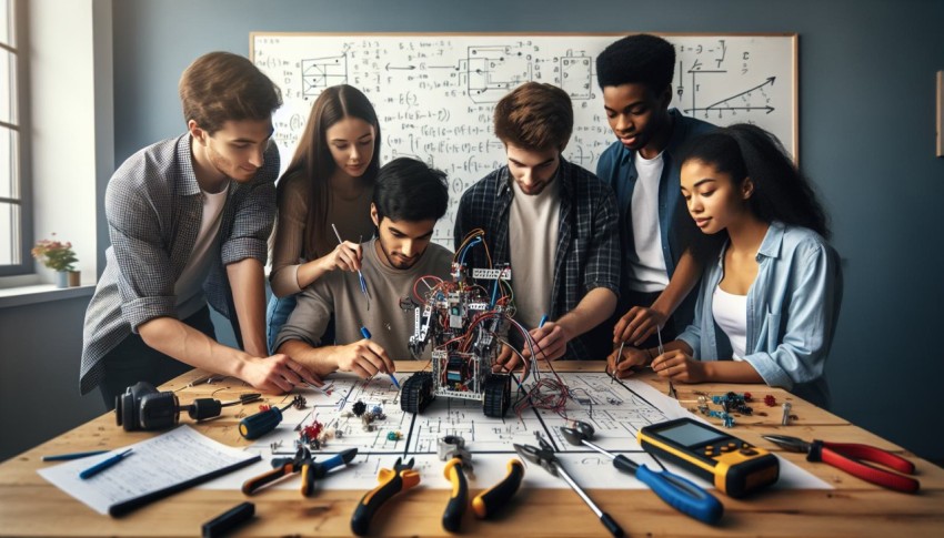 Snap a shot of university students collaborating on a robotics project 3