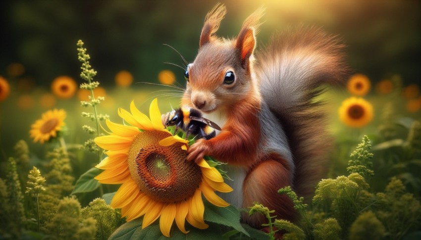 a squirrel holding a sunflower. a bumble bee on the sunflower sleeping.