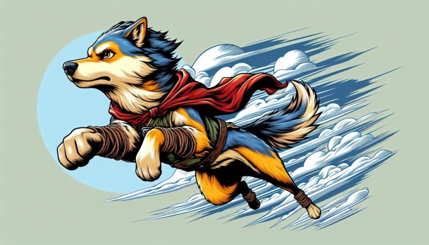 A captivating anime illustration of a heroic dog, featuring bold colors and dynamic action new