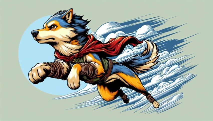 A captivating anime illustration of a heroic dog, featuring bold colors and dynamic action