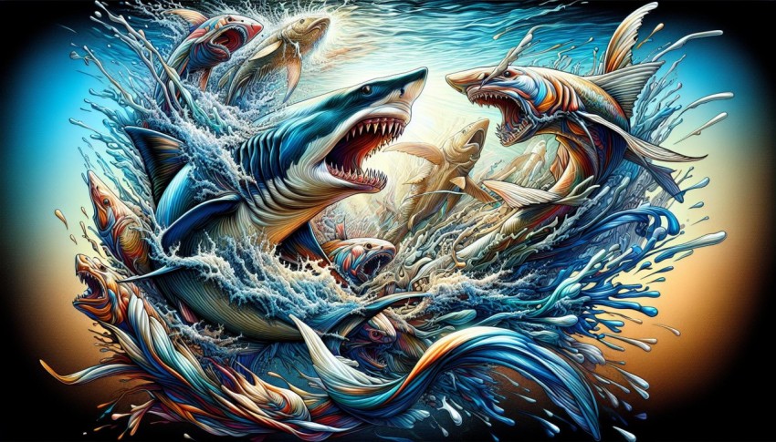 An anime depiction of a fierce shark in a dramatic underwater battle