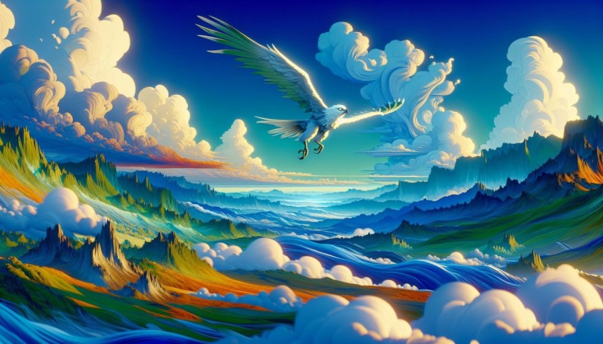 An anime style portrayal of a bird soaring through a fantastical sky