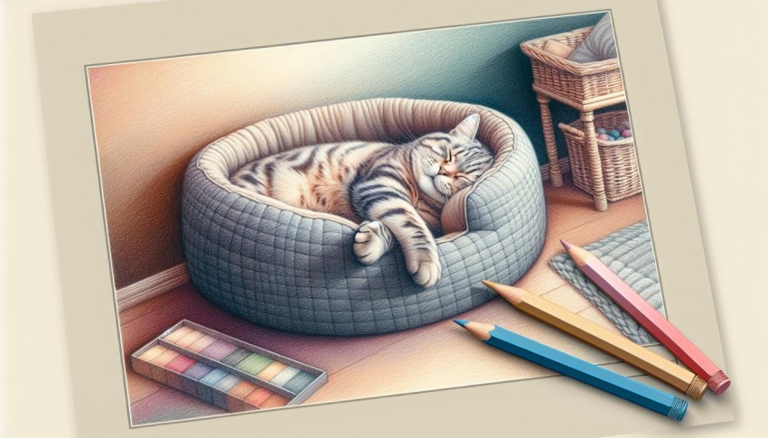 A realistic drawing of a content pet cat lounging comfortably in its cozy corner