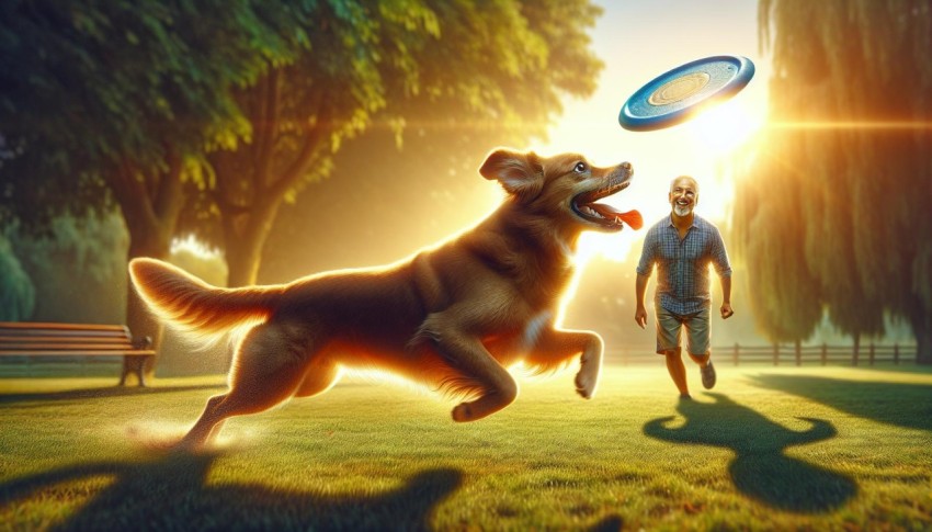 A heartwarming image of a joyful dog playing fetch in a sunny park