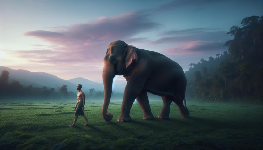 A serene image of a gentle giant elephant calmly walking alongside its caretaker