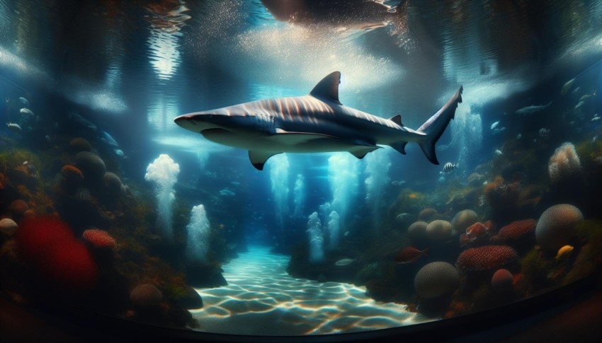 An unusual yet captivating illustration of a shark swimming gracefully in a large, well kept aquarium