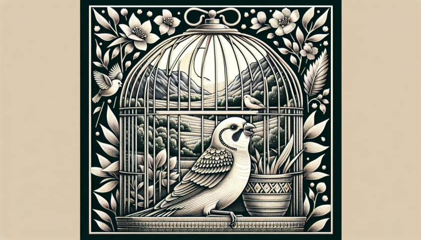 A delicate depiction of a pet bird singing melodiously in its cage