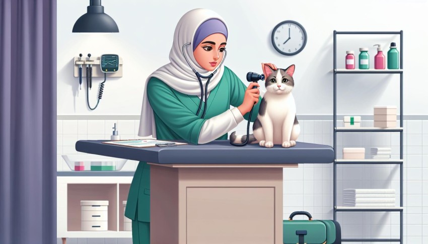 An informative illustration showing a cat receiving a check up from a veterinarian