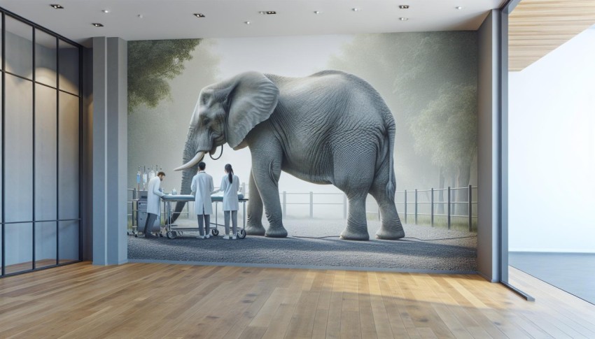 A compassionate portrayal of an elephant during a veterinary visit