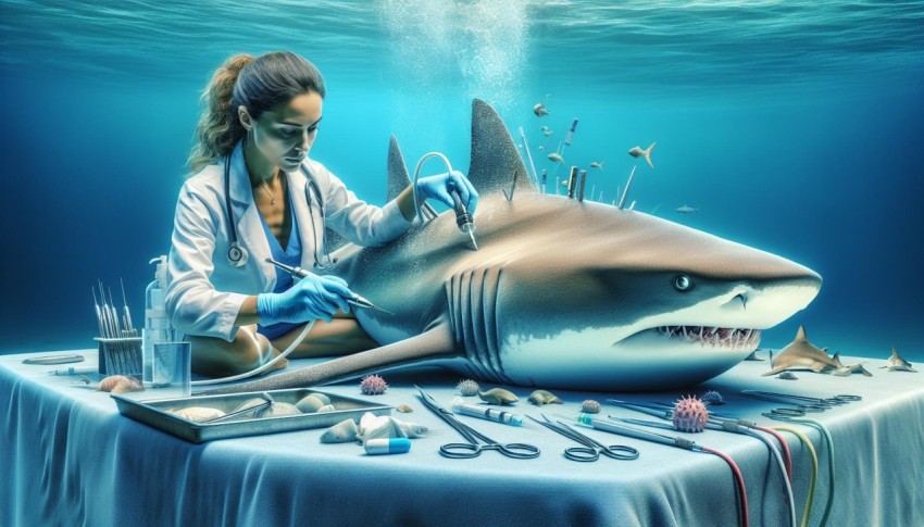 An unusual yet intriguing illustration of a shark receiving medical attention