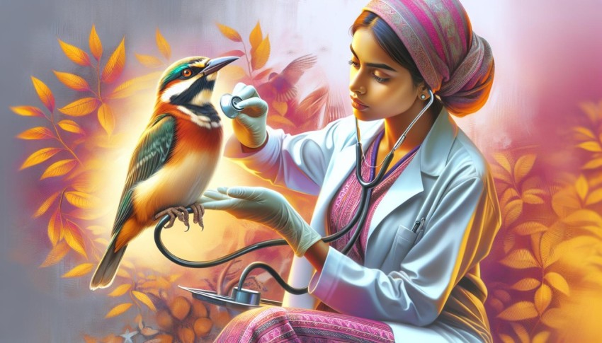 A vivid and detailed depiction of a bird during a health check