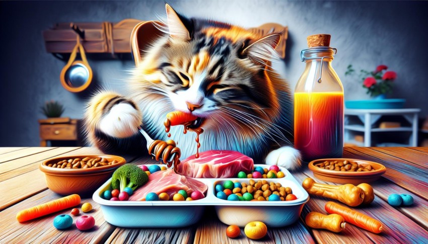 A colorful and appealing illustration of a cat enjoying a nutritious meal