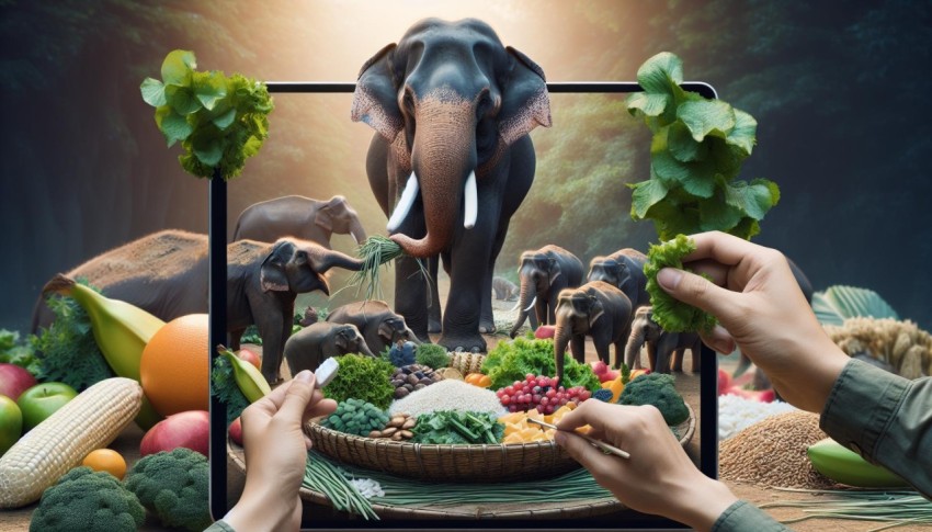 An artistic representation of an elephant being fed a special diet tailored for its size and needs