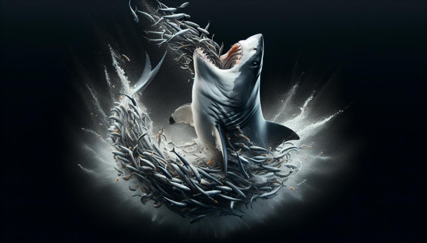 A dynamic image of a shark at feeding time