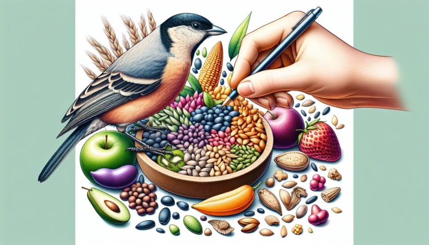 A delicate and detailed illustration of a bird pecking at a variety of seeds and fruits