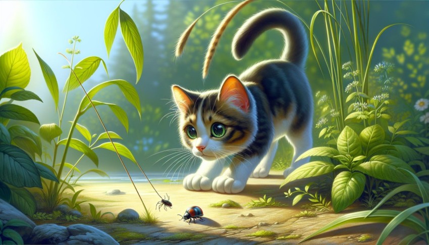 A playful depiction of a curious cat exploring its environment