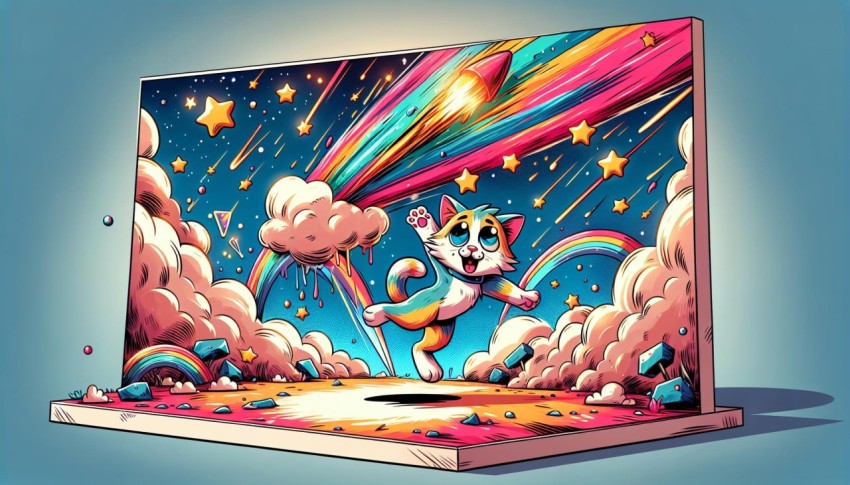 A vibrant cartoon image depicting a playful cat engaged in a whimsical adventure