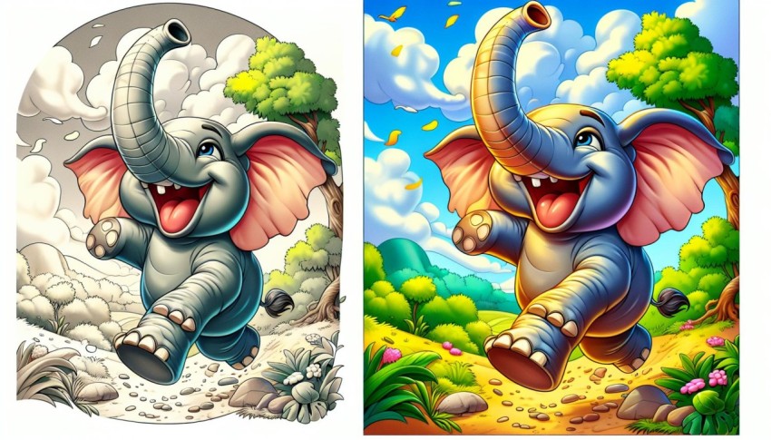 A playful cartoon elephant engaging in a delightful adventure